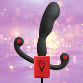 The Aneros Helix Syn V Vibrating Prostate Massager by Aneros is shown upright with a black and red design, set against a purple background with glowing bokeh lights.